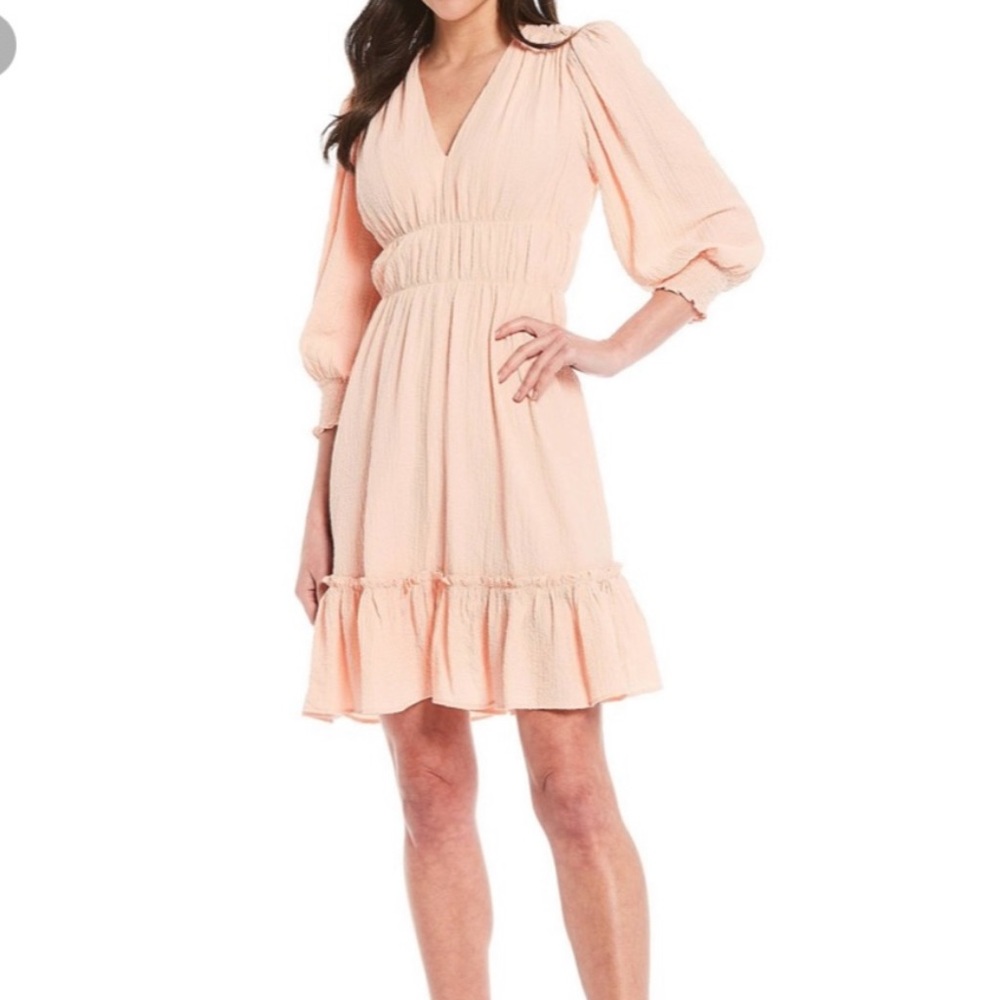 Calvin Klein V-Neck Ruffle Hem Smock 
Waist A-Line Dress.